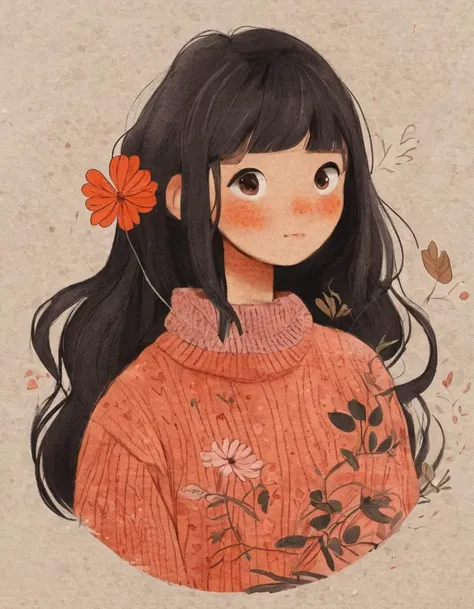 nelli_artstyle, <lora:Nelli_Art_Style:1>,1girl, solo, leaf, long hair, black hair, flower, upper body, looking at viewer, bangs, blush, sweater, long sleeves, black eyes, red flower, plant, no nose, floating hair, shirt, orange flower, pink sweater