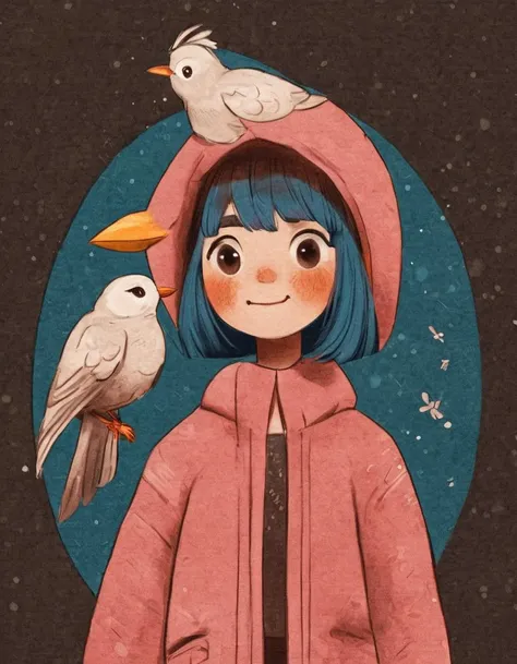nelli_artstyle, <lora:Nelli_Art_Style:1>,
1girl, bird, smile, looking up, on head, boots, animal on head, neda, coat, white background, bird on head, blunt bangs, simple background, pink coat, bangs, short hair, animal, blue hair, aqua hair, neda, full body, long sleeves,