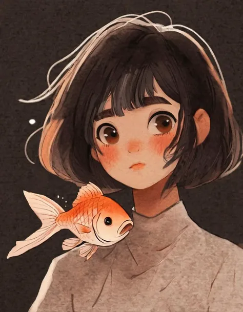 nelli_artstyle, <lora:Nelli_Art_Style:1>,1girl, fish, solo, shirt, brown eyes, white shirt, short sleeves, short hair, black hair, bangs, upper body, looking at viewer, blush