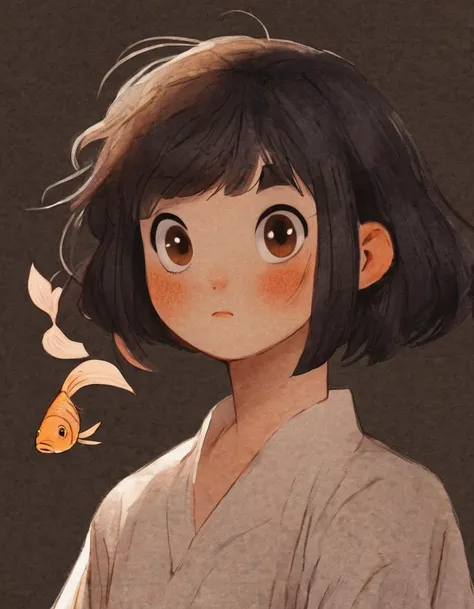 nelli_artstyle, <lora:Nelli_Art_Style:1>,1girl, fish, solo, shirt, brown eyes, white shirt, short sleeves, short hair, black hair, bangs, upper body, looking at viewer, blush