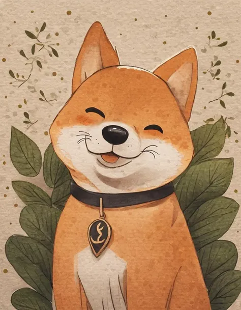 nelli_artstyle, <lora:Nelli_Art_Style:1>,no humans, animal focus, dog, animal, shiba inu, leaf, closed mouth, border, blush, closed eyes, sparkle, traditional media