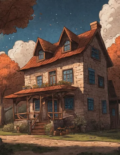 nelli_artstyle, <lora:Nelli_Art_Style:1>,
outdoors, sky, day, cloud, tree, blue sky, no humans, cloudy sky, building, scenery, house