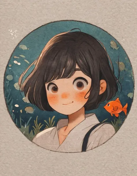 nelli_artstyle, <lora:Nelli_Art_Style:1>,1girl, fish, solo, shirt, brown eyes, white shirt, short sleeves, short hair, black hair, bangs, upper body, looking at viewer, blush