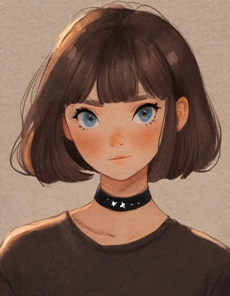 nelli_artstyle, <lora:Nelli_Art_Style:1>,1girl, solo, brown hair, bangs, choker, looking at viewer, blue eyes, blush, heart, blunt bangs, portrait, black choker, star (symbol), short hair, parted lips, black shirt, freckles