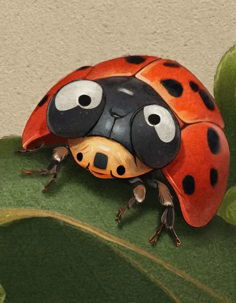 nelli_artstyle, <lora:Nelli_Art_Style:1>,
a ladybug's head antenas close-up on the lower side of the shot, the background is a giant leaf