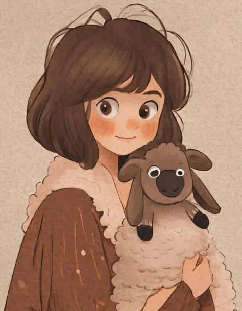 nelli_artstyle, <lora:Nelli_Art_Style:1>,1girl, smile, blush, looking at viewer, brown hair, short hair, brown eyes, sheep, bangs, solo, striped, simple background, fluffy, brown background