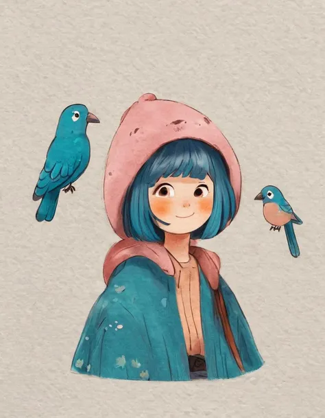 nelli_artstyle, <lora:Nelli_Art_Style:1>,
1girl, bird, smile, looking up, on head, boots, animal on head, neda, coat, white background, bird on head, blunt bangs, simple background, pink coat, bangs, short hair, animal, blue hair, aqua hair, neda, full body, long sleeves,