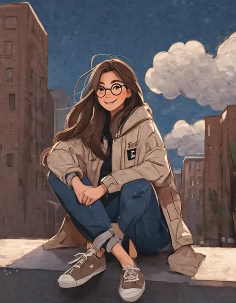 nelli_artstyle, <lora:Nelli_Art_Style:1>,
1girl, solo, long hair, looking at viewer, smile, blue eyes, brown hair, shirt, long sleeves, sitting, jacket, outdoors, sky, shoes, glasses, day, socks, pants, cloud, off shoulder, blue sky, denim, building, sneakers, head rest, jeans, city, white pants, round eyewear, cityscape