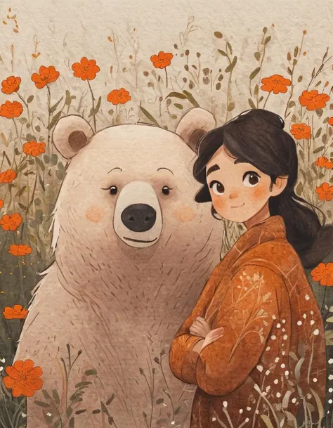 nelli_artstyle, <lora:Nelli_Art_Style:1>,
A girl and a white bear are standing in a field of flowers