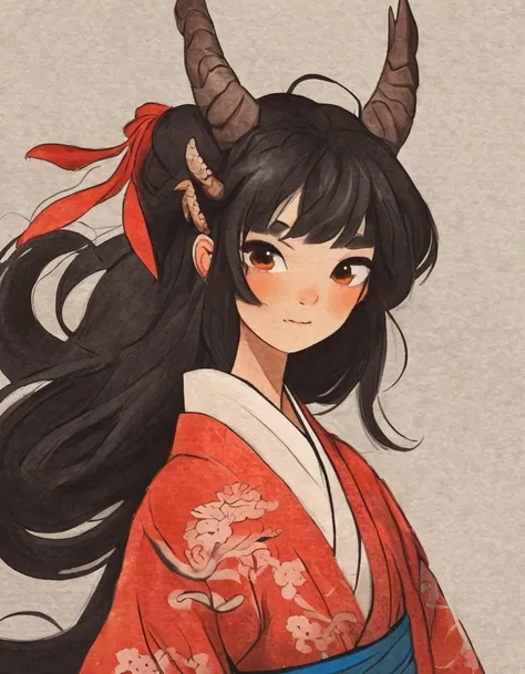 nelli_artstyle, <lora:Nelli_Art_Style:1>,black hair, dragon, 1girl, eastern dragon, japanese clothes, long hair, black eyes, horns, red kimono, kimono, ponytail, floating hair, looking at viewer, blush, blue background