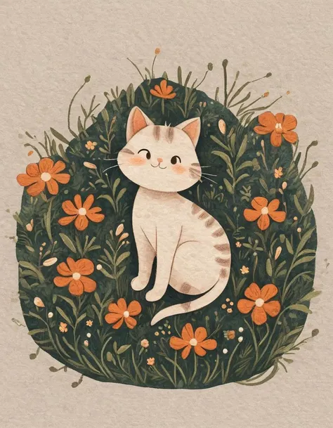 nelli_artstyle, <lora:Nelli_Art_Style:1>,
A cartoon cat is laying on its back in a field of flowers.