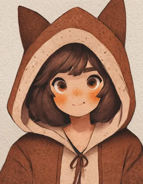 nelli_artstyle, <lora:Nelli_Art_Style:1>,1girl, solo, blush, brown hair, hood, brown eyes, looking at viewer, simple background, upper body, closed mouth, hood up, bangs, white background, short hair