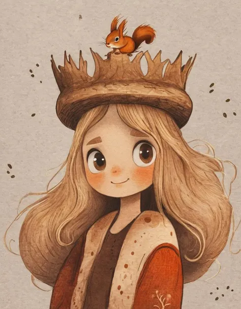 nelli_artstyle, <lora:Nelli_Art_Style:1>,
A girl with long blonde hair and a crown on her head is holding a mushroom. She is standing next to a small red squirrel
