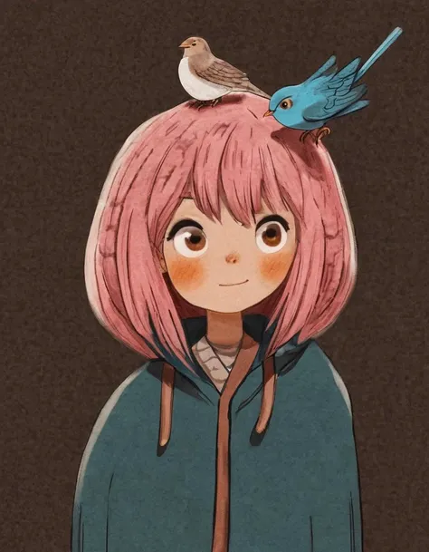 nelli_artstyle, <lora:Nelli_Art_Style:1>,
1girl, bird, smile, looking up, on head, boots, animal on head, neda, coat, white background, bird on head, blunt bangs, simple background, pink coat, bangs, short hair, animal, blue hair, aqua hair, neda, full body, long sleeves,