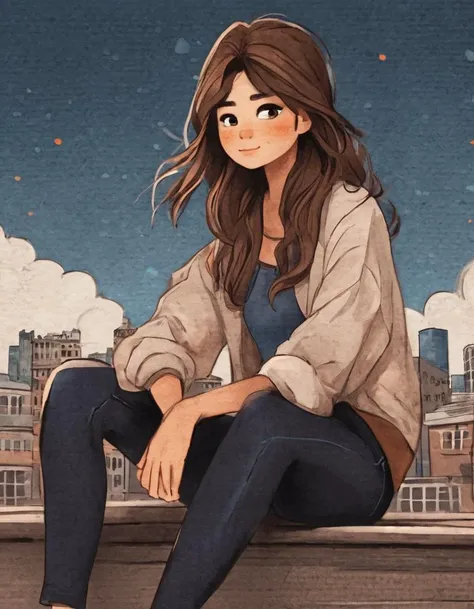 nelli_artstyle, <lora:Nelli_Art_Style:1>,
1girl, solo, long hair, looking at viewer, smile, blue eyes, brown hair, shirt, long sleeves, sitting, jacket, outdoors, sky, shoes, glasses, day, socks, pants, cloud, off shoulder, blue sky, denim, building, sneakers, head rest, jeans, city, white pants, round eyewear, cityscape