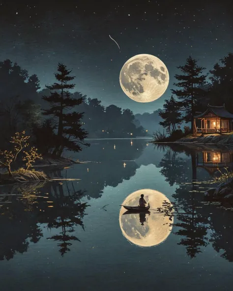 "The moon's reflection dances upon the tranquil lake, a mirror of celestial enchantment.", it is very Distinguished, <lora:Nelli_Art_Style:1> nelli_artstyle