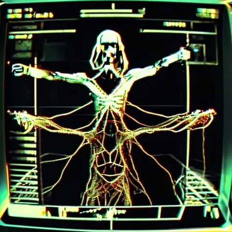 <lora:cyber_ui:1> suspended animation, decerebrate, (crucifix:0.9), embalming, cyber_ui, ascii art, screen reflection, <lora:synth3:1>, snth, scan lines