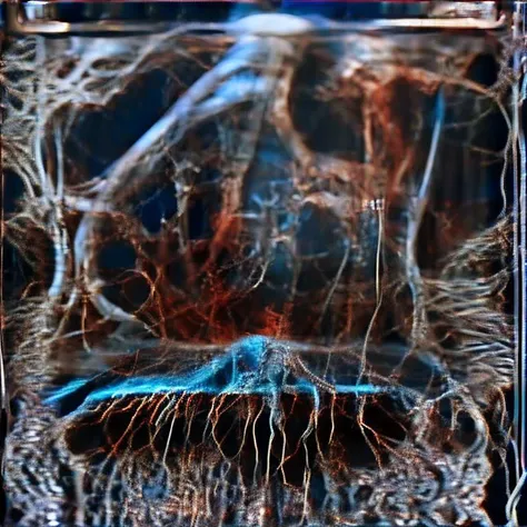 <lora:cyber_ui:1> suspended animation, decerebrate, (crucifix:0.8), embalming, cyber_ui, ascii art, coffin, screen reflection, <lora:synth3:1>, snth, scan lines, patch cables, fire, whales, dim screen, <lora:LowRA:1>