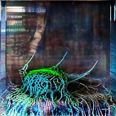 <lora:cyber_ui:1> suspended animation, decerebrate, (crucifix:0.8), embalming, cyber_ui, ascii art, coffin, screen reflection, <lora:synth3:1>, snth, scan lines, patch cables, fire, whales, dim screen, <lora:LowRA:1>
