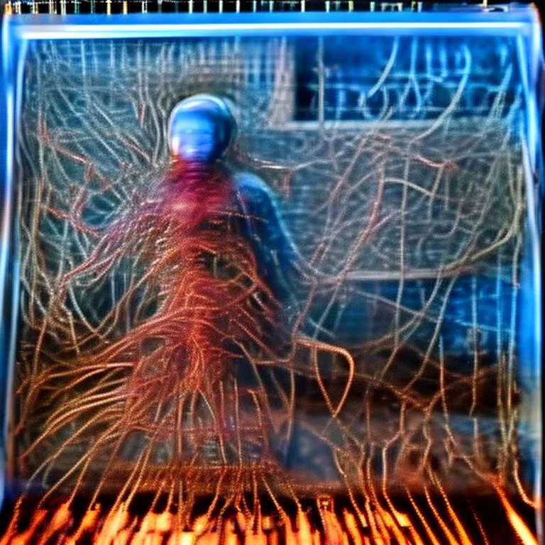 <lora:cyber_ui:1> suspended animation, decerebrate, (crucifix:0.8), embalming, cyber_ui, ascii art, coffin, screen reflection, <lora:synth3:1>, snth, scan lines, patch cables, fire, whales, dim screen, <lora:LowRA:1>