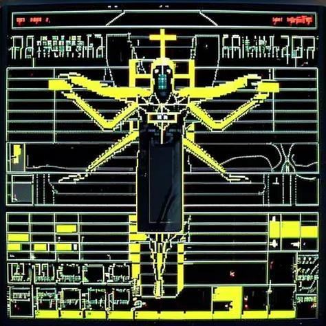 <lora:cyber_ui:1> suspended animation, decerebrate, crucifix, cyber_ui, ascii art, screen reflection, <lora:synth3:1>, snth