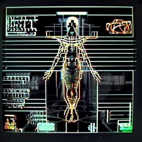 <lora:cyber_ui:1> suspended animation, decerebrate, (crucifix:0.9), embalming, cyber_ui, ascii art, screen reflection, <lora:synth3:1>, snth, scan lines