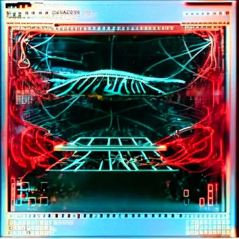 <lora:cyber_ui:1> suspended animation, decerebrate, (crucifix:0.8), embalming, cyber_ui, ascii art, coffin, screen reflection, <lora:synth3:1>, snth, scan lines, patch cables, fire, whales, dim screen, <lora:LowRA:1>