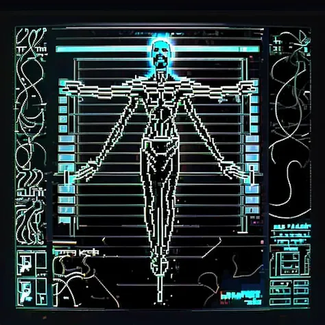 <lora:cyber_ui:1> suspended animation, decerebrate, crucifix, cyber_ui, ascii art, screen reflection, <lora:synth3:1>, snth