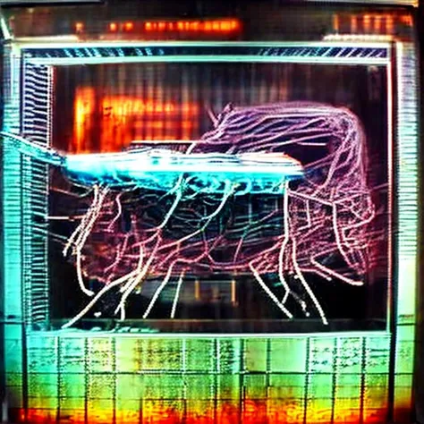 <lora:cyber_ui:1> suspended animation, decerebrate, (crucifix:0.8), embalming, cyber_ui, ascii art, coffin, screen reflection, <lora:synth3:1>, snth, scan lines, patch cables, fire, whales, dim screen, <lora:LowRA:1>