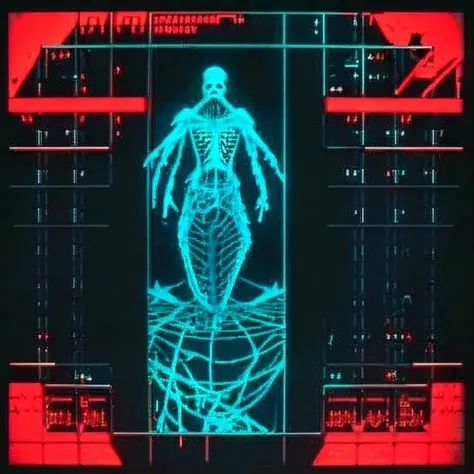 <lora:cyber_ui:1> suspended animation, decerebrate, (crucifix:0.8), embalming, cyber_ui, ascii art, coffin, screen reflection, <lora:synth3:1>, snth, scan lines, patch cables, fire, whales, dim screen, <lora:LowRA:1>
