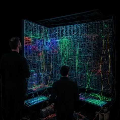 snth, multiple modular synths, cables , patch cables, ((studio)), room, ((night, neon lights)), ((concert, party, rave)), man playing on modular synth, ((man back view)), low lights, dim light, LED indicators, knobs, studio, (((full view))), ((best quality, 8k photography)) <lora:synth3:1>  <lora:LowRA:0.5>