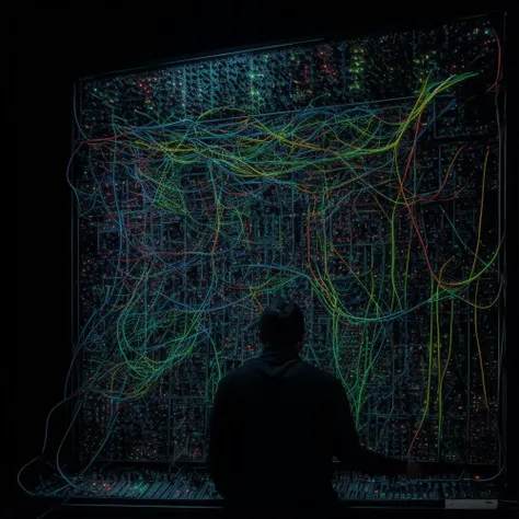 snth, multiple modular synths, cables , patch cables, ((studio)), room, ((night, neon lights)), ((concert, party, rave)), man playing on modular synth, ((man back view)), low lights, dim light, LED indicators, knobs, studio, (((full view))), ((best quality, 8k photography)) <lora:synth3:1> <lora:LowRA:0.5>
