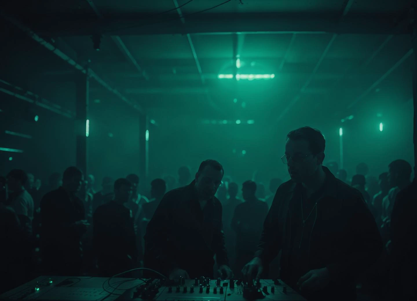 (((man playing on a big modular synth))), knobs, sliders, inputs, (((cables, patch cables))), ((LED indicators)), night, ((best quality))> <lora:synth3:1>
30mm photo, Raw photo, <lora:UndergroundClub:0.6>, (((nightclub, underground, crowd, industrial, crowds, decrepit, smoke, fog))), soft lighting, realistic, hard shadow, masterpiece, best quality, Intricate, ((green gloom neon ambience)), High Detail, analog style, (soft focus:0.6), modelshoot style, film grain,
<lora:LowRA:0.2>