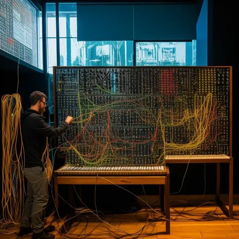 snth, modular synth, cables , patch cables, studio, night, neon lights, LED indicators, knobs , people playing on modular synths, studio, (((full view))), ((best quality, hd product photography)) <lora:synth3:1>