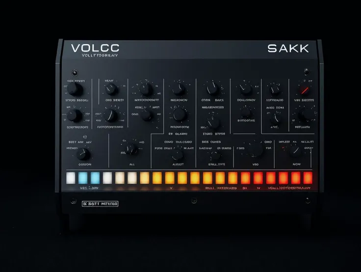 snth, snth, volca , knobs, LED indicators, buttons, inputs, text , synth , black background, low lights, dim light, LED indicators, knobs, studio, (((full view))), ((best quality, 8k photography)) <lora:synth3:1> <lora:LowRA:0.5>