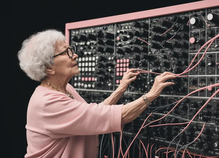 (((a grandma playing on a pink modular synth))), knobs, sliders, LED, inputs, (((cables, patch cables))), text, logos ((best quality))> <lora:synth3:0.8>
30mm photo, Raw photo, soft lighting, realistic, hard shadow, masterpiece, best quality, Intricate, High Detail, analog style, (soft focus:0.6), modelshoot style, film grain,
<lora:LowRA:0.2>