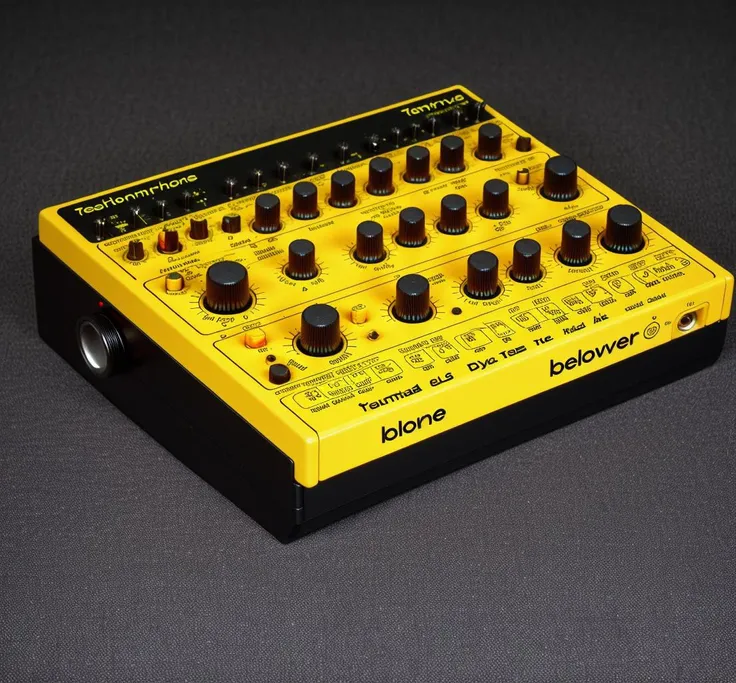 snth, ((yellow TD-3 synth)), text, logos, knobs, (inputs), switch, buttons, (((full view))), ((best quality)) <lora:synth3:0.9>