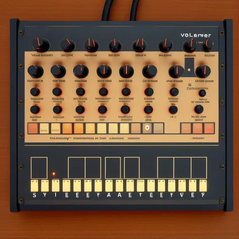 snth, volca , knobs, LED indicators, buttons, inputs, text , synth <lora:synth3:1>
