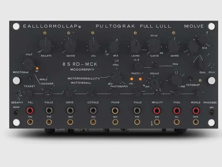 snth, ((eurorack module )), text, logos, knobs, (inputs), (((full view))), ((best quality, 8k photography)) <lora:synth3:0.8>