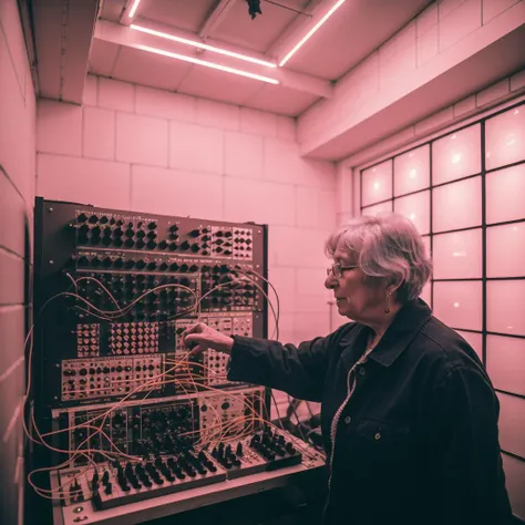 ((a grandma playing on a pink modular synth, she's making 170bpm techno)), knobs, sliders, LED, inputs, (((cables, patch cables))), text, logos ((best quality))> <lora:synth3:1>
30mm photo, Raw photo, <lora:UndergroundClub:0.5>, nightclub, underground, crowd, industrial, tiled walls, crowds, soft lighting, realistic, hard shadow, masterpiece, best quality, Intricate, High Detail, analog style, (soft focus:0.6), modelshoot style, film grain