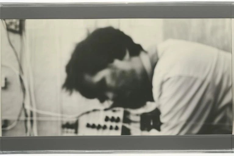 snth in the dressing room, cables, patch cables, volca photo by Miroslav Tichy, <lora:synth3:0.9>