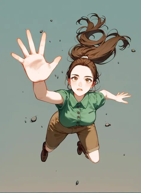 best quality, masterpiece, score_9, score_8_up, score_7_up, rating_safe, source_anime,
1girl, solo, adult, adventurer, dark green shirt, cammo shirt, shirt with buttons, short sleeves, brown shorts, ponytail, falling, mid air, fear, from above, cenital view, brown boots,
simple background, empty background, photoshoot, <lora:l1zXLP:1.2>