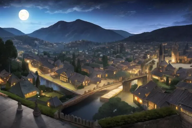 ((masterpiece)), ultra-detailed, landscape, village in the mountains, night, moonlight, realistic shadows