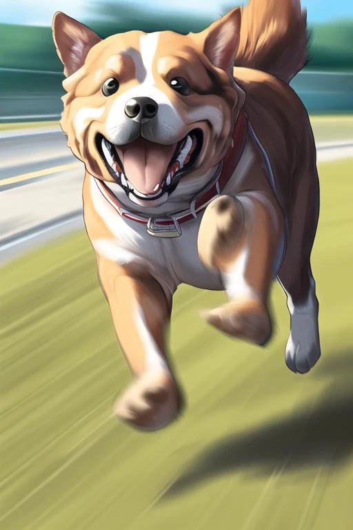 ((masterpiece)), ultra-detailed, extremely stupid looking dog, running full speed, park, motion blur, speed lines