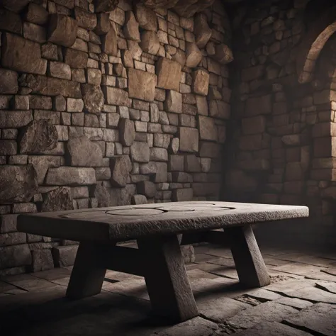 cinematic photo  interior design concept, (medieval fantasy room:1.3), furniture cut from ancient stone, inscriptions, runes, pbr texture sandstone old stone, scratched, eroded,  simple plain background   . 35mm photograph, film, bokeh, professional, 4k, highly detailed