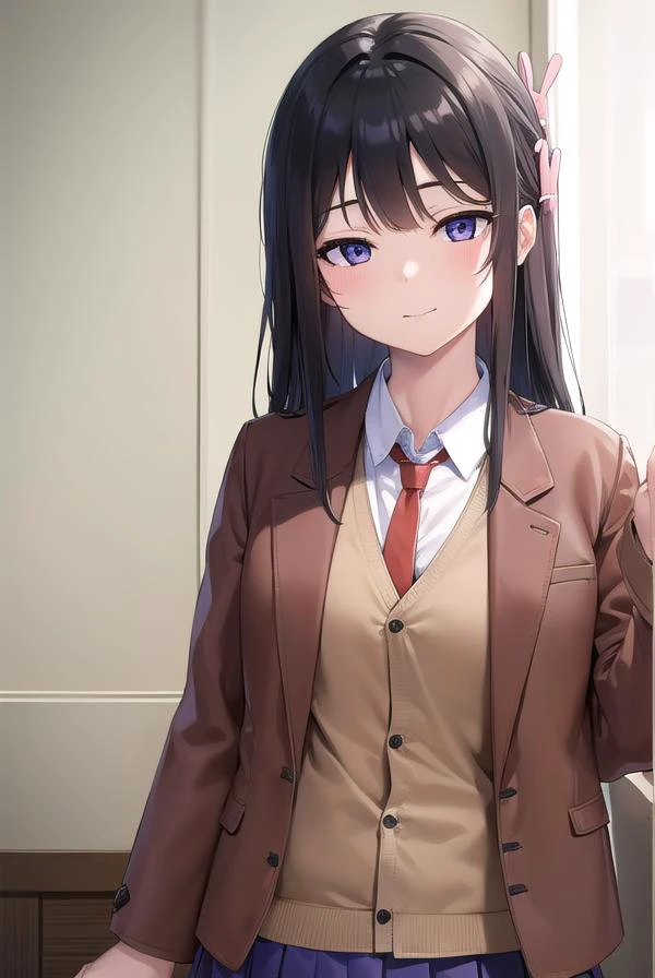 maisakurajima, <lyco:maisakurajima-lyco-nochekaiser:1>,
sakurajima mai, long hair, bangs, (black hair:1.5), hair ornament, (purple eyes:1.2), hairclip, rabbit hair ornament, <lora:sensualface_type2:1>, smile,
BREAK skirt, shirt, school uniform, white shirt, short sleeves, pantyhose, pleated skirt, collared shirt, blue skirt, black pantyhose, red necktie, jacket, (brown jacket:1.5),
BREAK indoors, classroom,
BREAK looking at viewer, (cowboy shot:1.5),
BREAK <lyco:GoodHands-beta2:1>, (masterpiece:1.2), best quality, high resolution, unity 8k wallpaper, (illustration:0.8), (beautiful detailed eyes:1.6), extremely detailed face, perfect lighting, extremely detailed CG, (perfect hands, perfect anatomy),