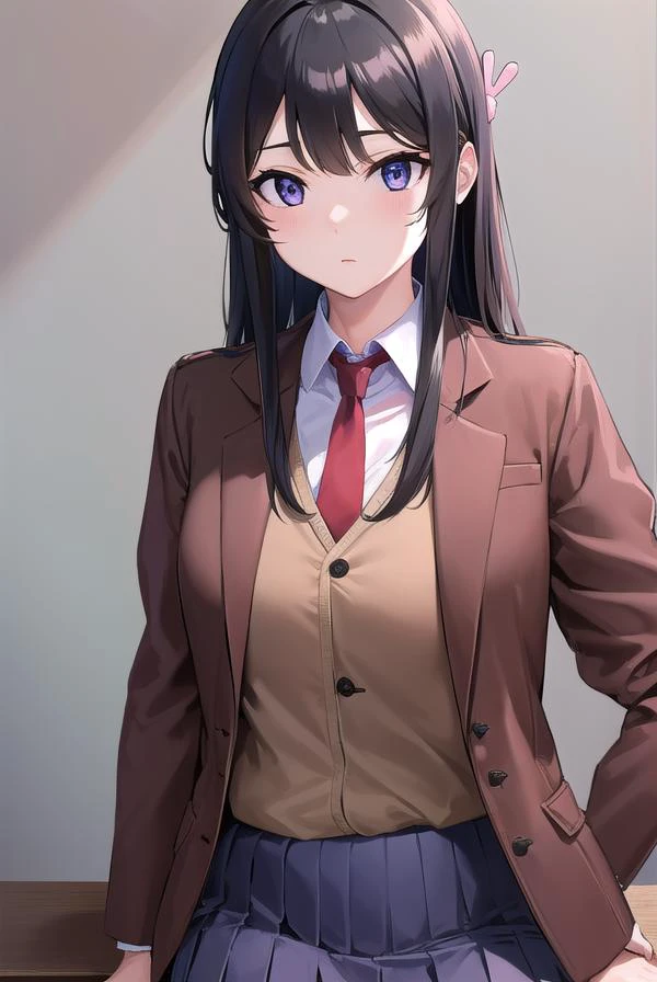 maisakurajima, <lyco:maisakurajima-lyco-nochekaiser:1>,
sakurajima mai, long hair, bangs, (black hair:1.5), hair ornament, (purple eyes:1.2), hairclip, rabbit hair ornament,
BREAK skirt, shirt, school uniform, white shirt, short sleeves, pantyhose, pleated skirt, collared shirt, blue skirt, black pantyhose, red necktie, jacket, (brown jacket:1.5),
BREAK indoors, classroom,
BREAK looking at viewer, upper body, full body,
BREAK <lyco:GoodHands-beta2:1>, (masterpiece:1.2), best quality, high resolution, unity 8k wallpaper, (illustration:0.8), (beautiful detailed eyes:1.6), extremely detailed face, perfect lighting, extremely detailed CG, (perfect hands, perfect anatomy),