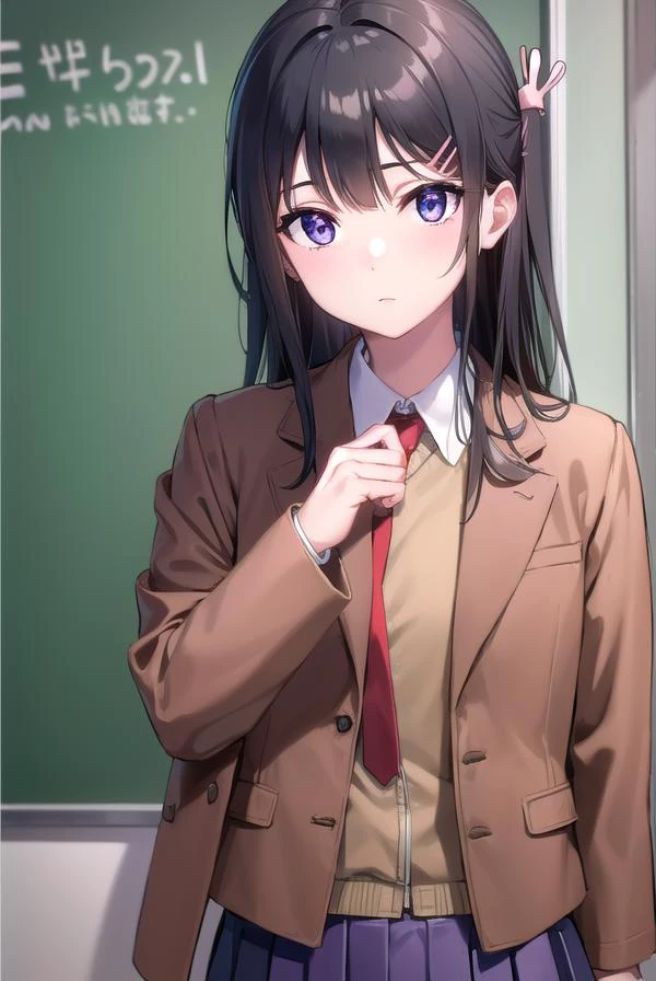 maisakurajima, <lyco:maisakurajima-lyco-nochekaiser:1>,
sakurajima mai, long hair, bangs, (black hair:1.5), hair ornament, (purple eyes:1.2), hairclip, rabbit hair ornament,
BREAK skirt, shirt, school uniform, white shirt, short sleeves, pantyhose, pleated skirt, collared shirt, blue skirt, black pantyhose, red necktie, jacket, (brown jacket:1.5),
BREAK indoors, classroom,
BREAK looking at viewer, upper body, full body,
BREAK <lyco:GoodHands-beta2:1>, (masterpiece:1.2), best quality, high resolution, unity 8k wallpaper, (illustration:0.8), (beautiful detailed eyes:1.6), extremely detailed face, perfect lighting, extremely detailed CG, (perfect hands, perfect anatomy),
