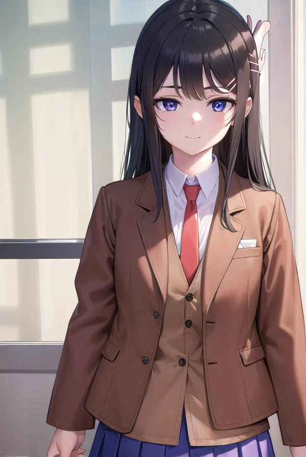 maisakurajima, <lyco:maisakurajima-lyco-nochekaiser:1>,
sakurajima mai, long hair, bangs, (black hair:1.5), hair ornament, (purple eyes:1.2), hairclip, rabbit hair ornament, <lora:sensualface_type2:1>, smile,
BREAK skirt, shirt, school uniform, white shirt, short sleeves, pantyhose, pleated skirt, collared shirt, blue skirt, black pantyhose, red necktie, jacket, (brown jacket:1.5),
BREAK indoors, classroom,
BREAK looking at viewer, (cowboy shot:1.5),
BREAK <lyco:GoodHands-beta2:1>, (masterpiece:1.2), best quality, high resolution, unity 8k wallpaper, (illustration:0.8), (beautiful detailed eyes:1.6), extremely detailed face, perfect lighting, extremely detailed CG, (perfect hands, perfect anatomy),