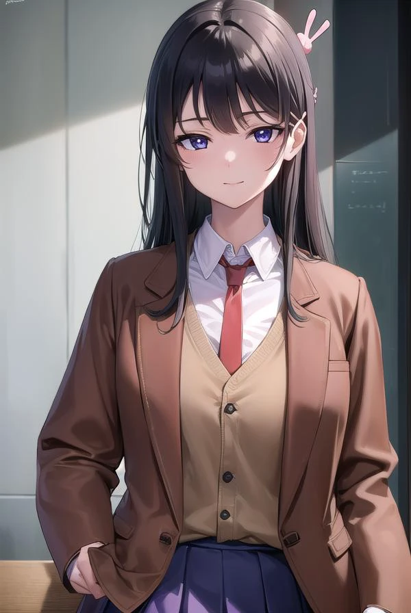 maisakurajima, <lyco:maisakurajima-lyco-nochekaiser:1>,
sakurajima mai, long hair, bangs, (black hair:1.5), hair ornament, (purple eyes:1.2), hairclip, rabbit hair ornament, <lora:sensualface_type2:1>, smile,
BREAK skirt, shirt, school uniform, white shirt, short sleeves, pantyhose, pleated skirt, collared shirt, blue skirt, black pantyhose, red necktie, jacket, (brown jacket:1.5),
BREAK indoors, classroom,
BREAK looking at viewer, (cowboy shot:1.5),
BREAK <lyco:GoodHands-beta2:1>, (masterpiece:1.2), best quality, high resolution, unity 8k wallpaper, (illustration:0.8), (beautiful detailed eyes:1.6), extremely detailed face, perfect lighting, extremely detailed CG, (perfect hands, perfect anatomy),